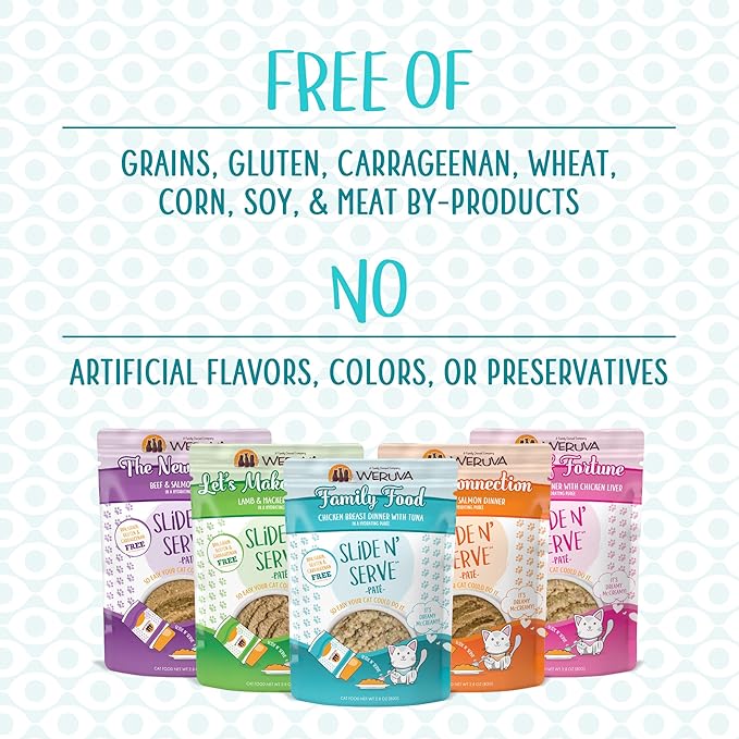 Weruva Slide N' Serve Paté Wet Cat Food, The Showcase Chowdown Slide N' Serve 2.8oz Pouch Variety Pack of 16, Multi Color