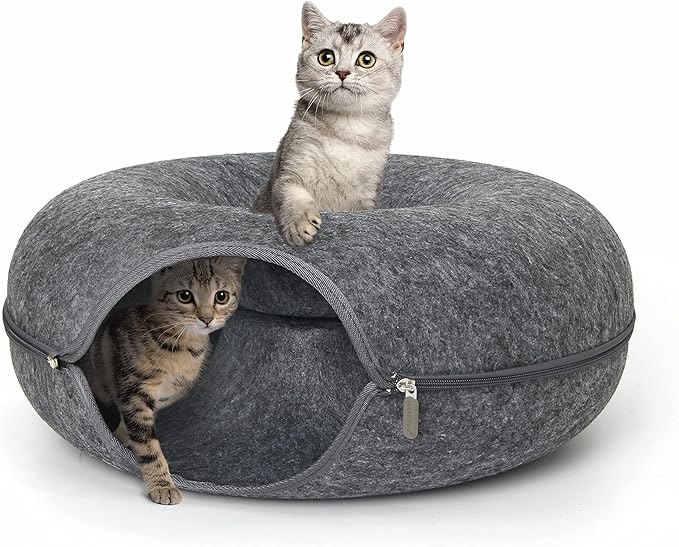 Lucky Sign - Cat bed, felt doughnut cat bed, cat tunnel bed, removable tunnel toy, can be used for cat beds or cat toys, 60 x 60 x 28 cm, dark grey