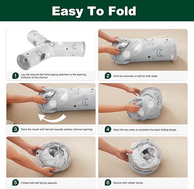 Love's cabin Large Cat Tunnel Toy 3 Way Collapsible, Cat Tunnels for Indoor Cats Large, Cat Play Tunnel with 4 Peek Hole Plush Ball & Feather Toy for Cat, Kitty, Kitten, Rabbit, Puppy Gray Sun