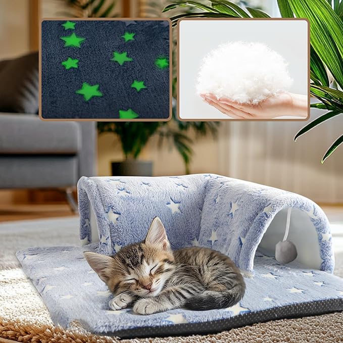 Kitten Tunnel Bed Mat, Glow in The Dark Kitten Bed for Indoor Kittens, Perfect Kitten Gift Toy with 3D Memory Foam, Detachable & Machine Washable, Non-Slip Bottom, Blue S