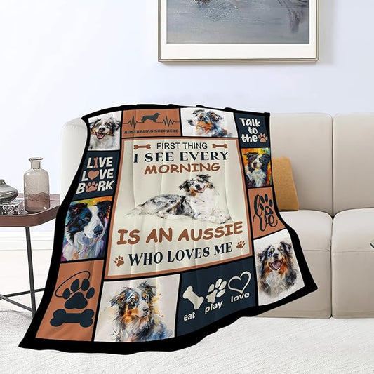 Australian Shepherd Dog Blanket Aussie Dog Decor Throw Blanket Super Warm Soft Plush Lightweight Fleece Flannel Cute Animal Blanket Gifts for Girls Women Boys Kids for Winter Couch Bedding 50"X60"
