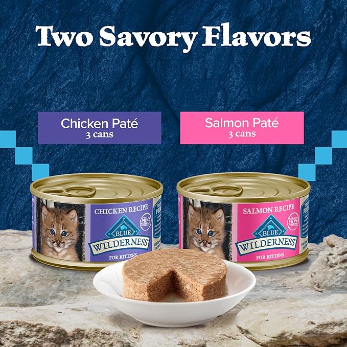 Blue Buffalo Wilderness Kitten Food, High-Protein & Grain-Free Wet Cat Food Paté Variety Pack, Chicken & Salmon Recipes, 3-oz. Cans (6 Count, 3 of Each)