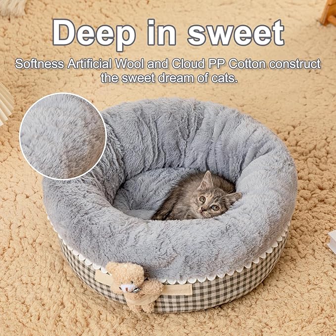 Jiupety Teddy Donut Bed for Indoor Cats, Washable & Warm Small Dog Bed, Cute Fluffy Round Kitten Bed, Suitable for Cat and Puppy, Anti-Slip Calming Princess Kitty Bed, Gray, 20"×20", Fit 12lbs