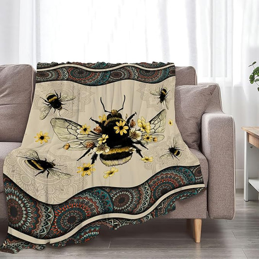 Bee Blanket Bees Sunflower Decor Throw Blanket Super Warm Soft Plush Lightweight Fleece Flannel Winter Bohemia Blanket Gifts for Girls Boys Baby Kids Women Couch Bedding 50"X60"