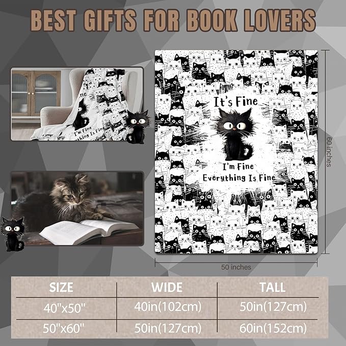Cat Blanket, Black Cat Gifts for Cats Lovers, I'm Fine Everything is Fine Black Cats Blanket 50"X60", Kitten Lovers Gifts for Women Girls Kids Adults