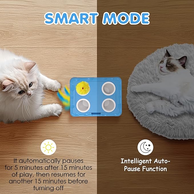 Cat Toys, 2 in1 Automatic Interactive Cat Toys for Indoor Cats, 4 Holes Mice Whack a Mole Cat Mouse Toy with Moving Feather, Rechargeable USB Power Kitten Feather Toys for All Breeds (Blue)