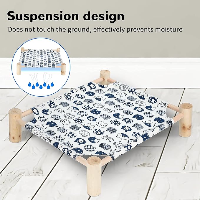 TUSATIY Cat Wooden Hammock Bed, Pine Wood, Elevated Pet Sleeping, Breathable, Removable, Washable, Anti-Moisture, Stable Support, 39 lbs