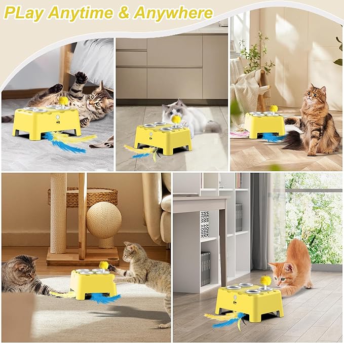 Cat Toys, Interactive Cat Toys, 2-in-1 Automatic Cat Toy, 4 Holes Mice Whack A Mole Cat Mouse Toy with Moving Feather, Portable USB Rechargeable Electronic Kitten Toys (Yellow)