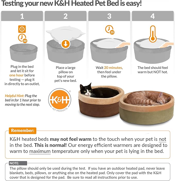 K&H Pet Products Thermo-Kitty Bed Heated Cat Bed for Indoor Cats , Electric Warming Bed for Cats and Small Dogs, Washable Thermal Plush Calming Round Pet Bed - Large 20" Sage/Tan