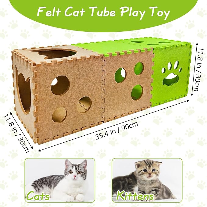 Cat Play Tunnel 14 Pcs DIY Foldable Cat Hideaway Cave with Interactive Peek Hole Felt Kitten Play Tubes and Tunnels for Indoor Cats Up to 20lb