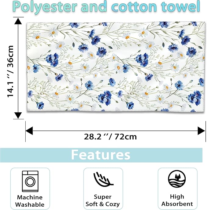 White Daisy Flowers Hand Towels Set of 2,Blue Cornflower Fingertip Towel Polyester Cotton Soft Bath Hand Towels for Bathroom Kitchen Hotel Spa Hand Towels 14"X28"