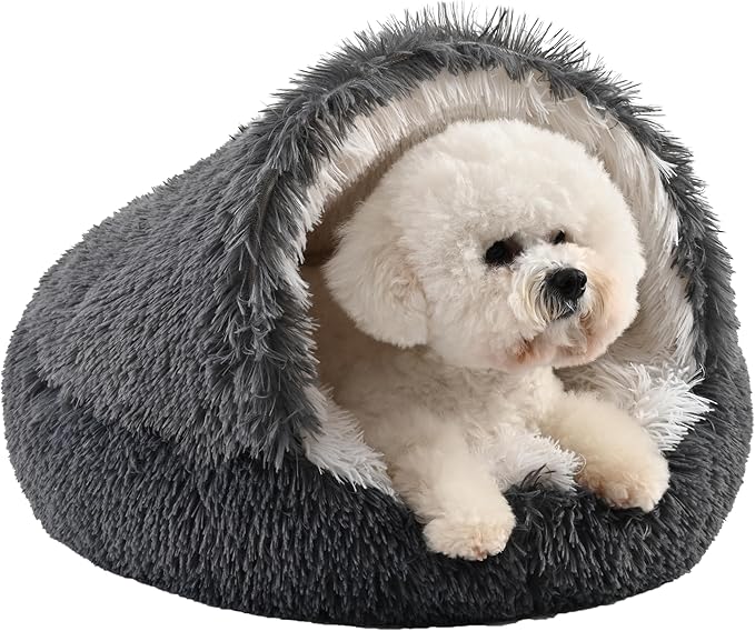 Cat Bed Round Plush Fluffy Hooded Calming Cat Bed Cave,Self Warming pet Bed with Non-collapsed Cover for Indoor Cats or Small Dogs,Washable,Anti-Slip Waterproof Bottom,24",Dark Grey