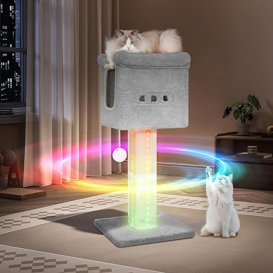 39-Inch Cat Scratching Post Tower with Bed, Cat Tower with LED Light Strip, Cat Scratcher Post with Woven Sisal, Condo, Pompom, Light Gray MS99018LG