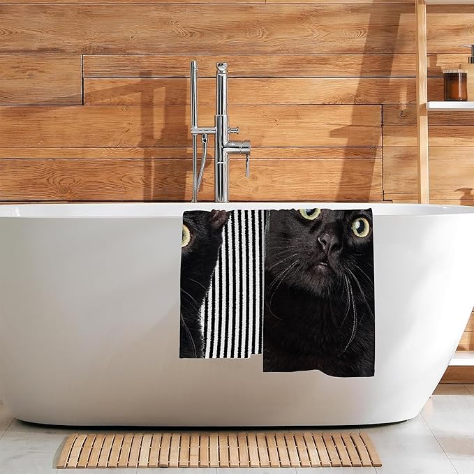 Cute Black Cat Hand Towel for Bathroom Set of 2,Cat on Black White Stripes Bathroom Hand Towel,Soft Absorbent Decorative for Hotel Gym Yoga Home Decor