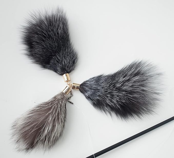 Fosrion Real Raccoon Tail Fur Cat Bites Toy with Three Section Retractable Carbon Fiber Rod (Raccoon) (3 Fox Fur Piece, Only Tail)