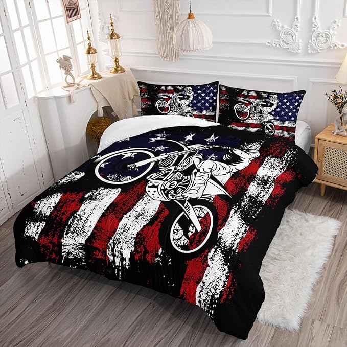 Axolotl Motivational Dirt Bike American Flag Bedding with White Red Stripes Stars Motorcycle Racer Comforter for Boys Kids Teens Men - 1 Quilt 2 Pillowcases