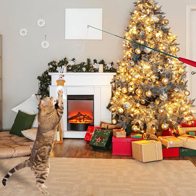Pet Soft Cat Toys Feathers Wand Christmas Interactive Cat Toy Kitten Toys Retractable Cat Wand Toy and 7 Feather Teaser Refills with Bells Cat Toys