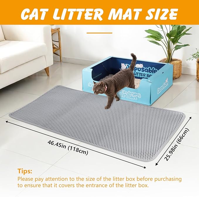 46x26 Inch Cat Litter Mat Double Layer Non-Slip Odor-Free Litter Box Mat,Waterproof and Urine Proof Litter Mat,Scatter Control, Less Waste,Easier to Clean(Gray)