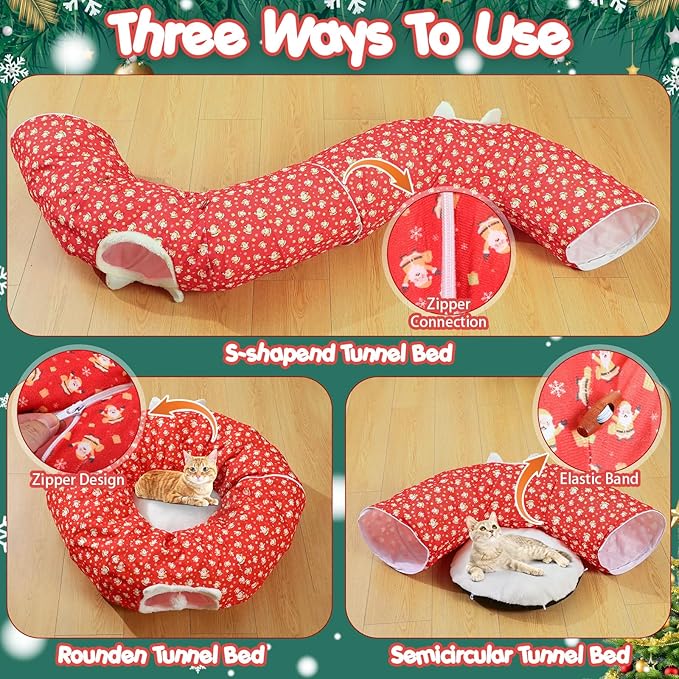 2.62ft x 2.62ft x 10.24in Christmas Cat Tunnel Bed Under Christmas Tree for Indoor Cat, Xmas Red Cute Cat Donut Tunnel with Washable Circle Cushion, Foldable Round Pet Tunnel Toy for Kitten