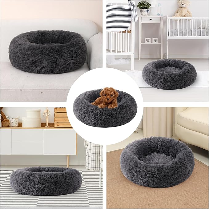Calming Dog Bed, Dog Beds Fits up to 25 lbs Pets, Fluffy Donut Dog & Cat Bed Washable, Round Anti Anxiety Dog Bed, Small Dog Bed with Non-Slip Bottom (Dark Grey, 24" x 24")