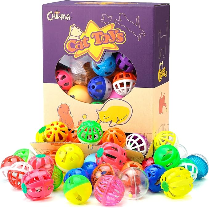 CHIWAVA 48 Pack Plastic Noisy Cat Toy Balls with Bell Kitten Chases Toy 8 Type Assorted Color Size