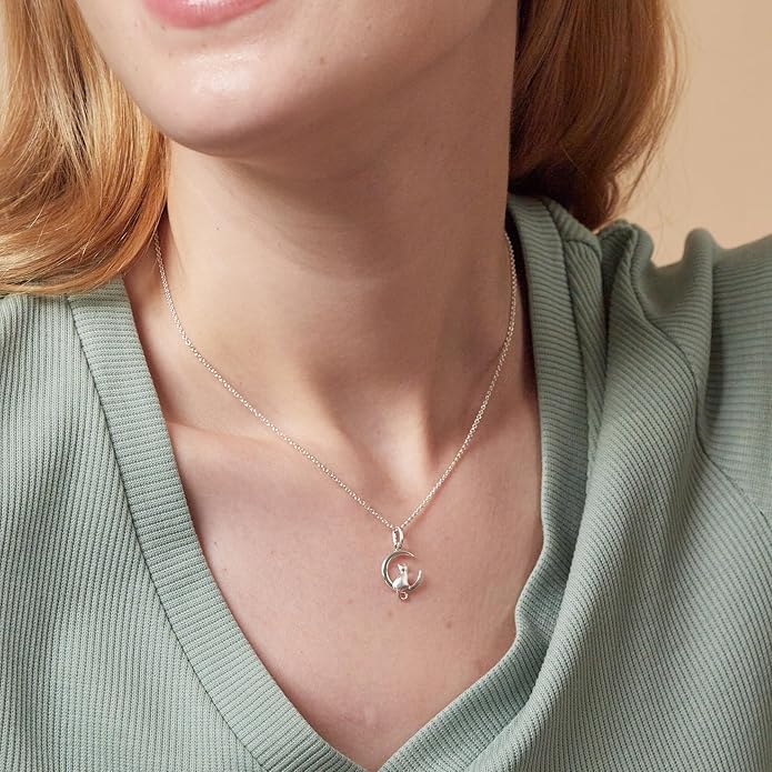 Boma Jewelry Sterling Silver Cat in the Crescent Moon Pendant Necklace, 18 Inches