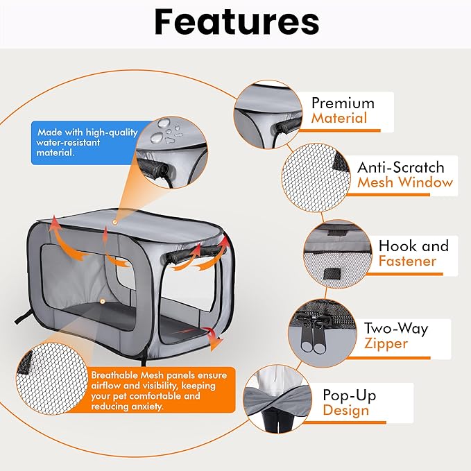Beatrice Home Fashions Portable, Collapsible, Pop Up Kennel Travel Cat and Dog Crate, 24" L x 16.6" W x 16" H, Gray