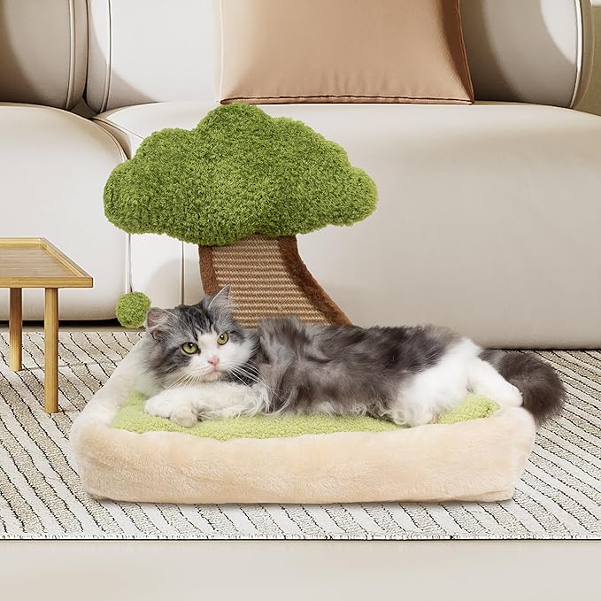 Meowoou Cat Bed with Scratching Pad (15.7''x19.7''), Soft Bed for Indoor Cats and Kitten, Detachable Washable Square Faux Fur Pad Cat Bed with Mountain View