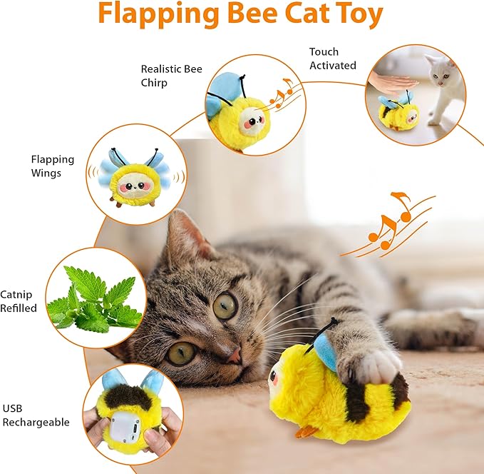 PETGEEK Gigwi Flapping Cat Toys for Indoor Cats, Rechargeable Lifelike Interactive Bee Cat Toy Tweet, Flapping Wings & Lively Chirping, Automatic Catnip Toys for Kitten Cats Self Play (Flapping Bee)
