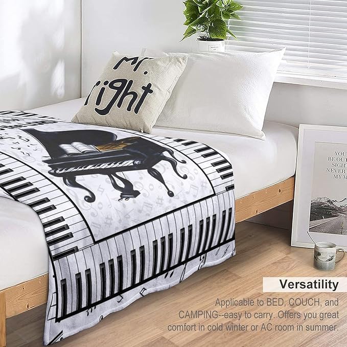 Piano Print Blanket Piano Keys Music Notes Musical Throw Blankets for Couch Sofa Bed Stuff Decor Lightweight Soft Cozy Fleece Plush Warm Flannel Blanket Gifts for Girls Boys Kids Adults 60"x80"