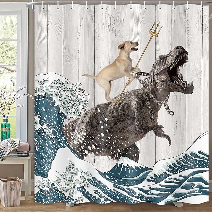 Boziqr Funny Dog Shower Curtain, Japanese Ocean Wave Dinosaur Rustic Barn Door Decor Fabric Bathroom Curtains Set, Cute Animal Kids Polyester Fabric Waterproof, 70 X 78 Inches