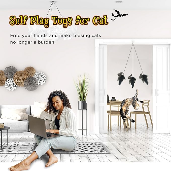 LEWISER Cat Toys, Rechargeable Intelligent Flapping Bat, Suitable for Cat Teaser Stick, Halloween Hanging Interactive Cat Toys for Indoor Cats Chase Exercise, Vivid Chirping, 3 Modes