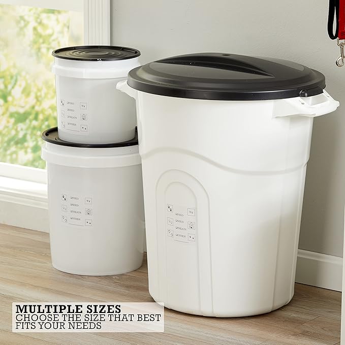 United Solutions Airtight Pet Food Storage Container, 5 Gallon Capacity, Great for Dog Food, Cat Food, Bird Seed, Dry Food Storage, White Container with Black Lid, 2-Pack