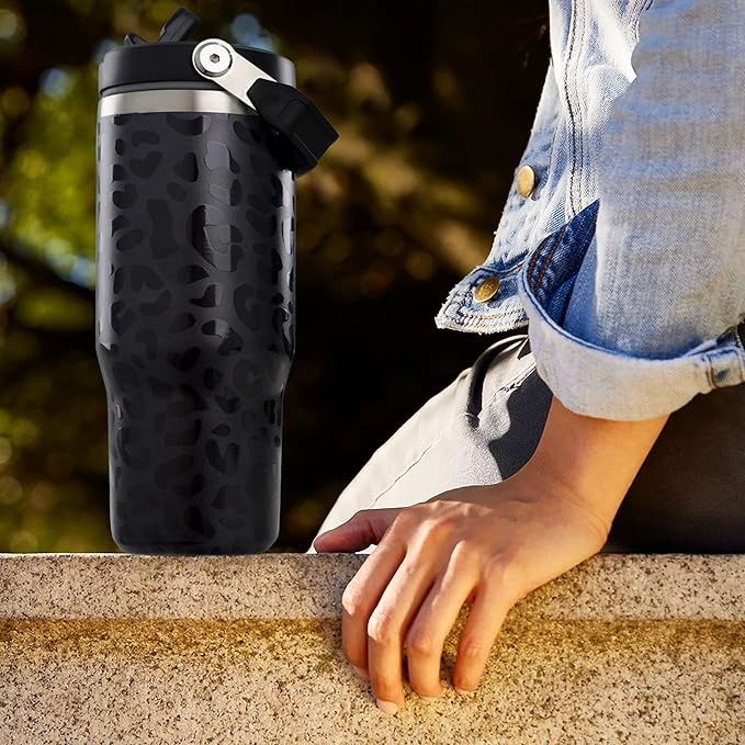 30oz Black Leopard Tumbler with Handle and Straw, Stainless Steel Vacuum Insulated Coffee Tumbler, Travel Mug Water Bottle, Leopard Stuff Accessories Decor, Leopard Gifts for Women