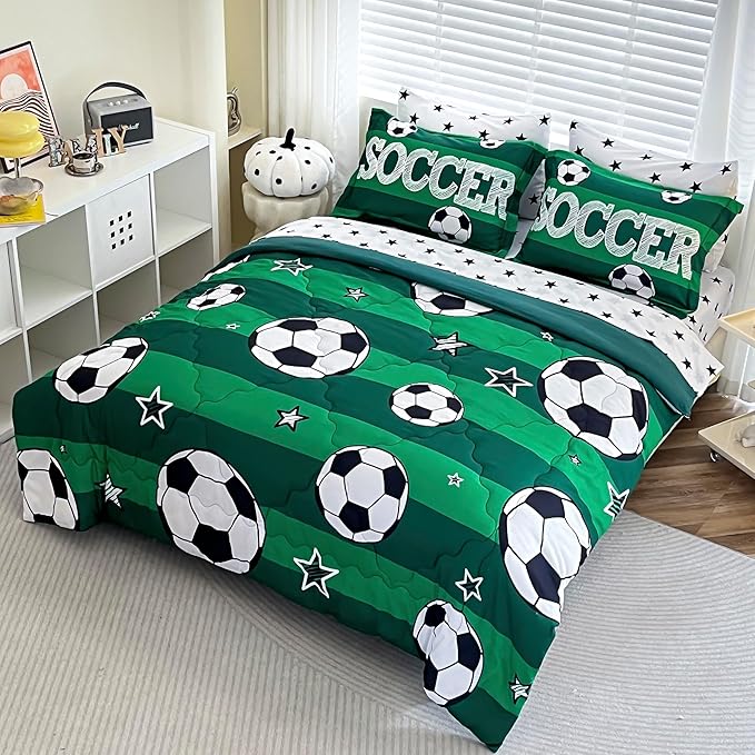 7 Piece Boys Soccer Comforter Set Full Size Bed in A Bag 3D Football Playground Sports Bedding Set for Kids Microfiber Comforter All Season Green