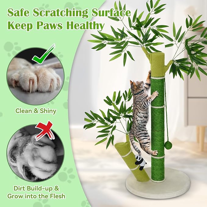 Cat Scratching Post for Large Cats and Kitten, 33 Inch Tall Nature Sisal Cat Scratchers for Indoor Cats with DanglingToy Ball and Cute 3D Panda Adult Cat Tree with Bamboo Shape for All Cats