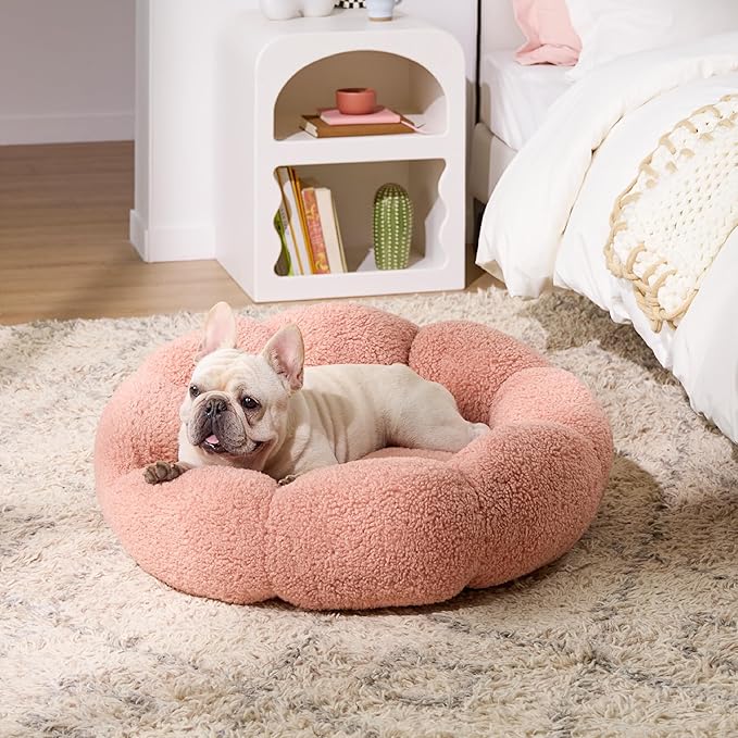 Lesure Calming Medium Dog Bed - Flower Donut Round Fluffy Puppy Bed in Plush Teddy Sherpa, Non-Slip Cute Flower Cat Beds for Indoor Cats, Medium Pet Bed Fits up to 45 lbs, Machine Washable, Pink 30"
