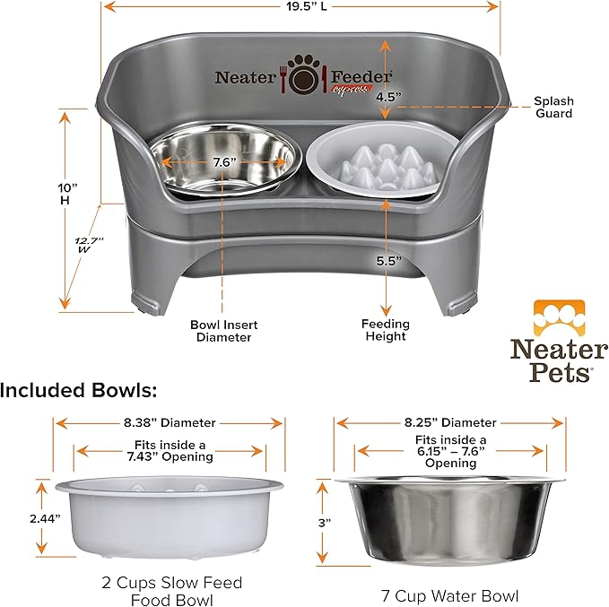 Neater Feeder Express Mess Proof Dog Bowls Elevated for Medium and Large Breed – Made in USA – No Spill Raised Slow Feeder Elevated Dog Bowl Stand, Slow Feed Food and Water Bowl Set, Grey
