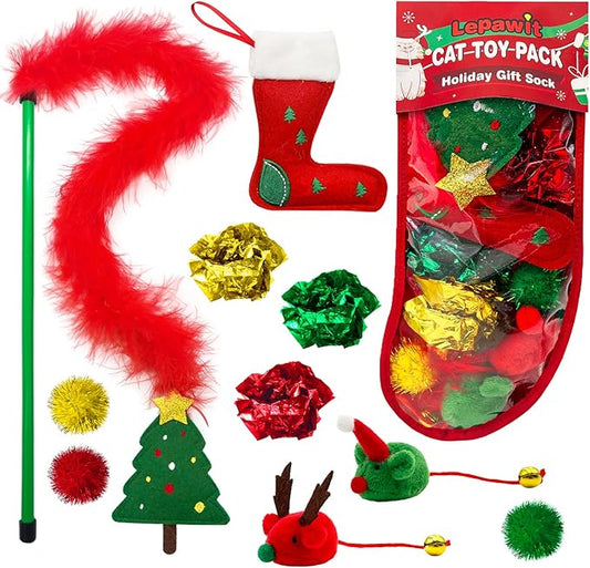 Cat Christmas Stocking, 10 Pack Christmas Cat Toys, Cat Gifts for Christmas, Interactive Cat Feather Toy with Catnip, Cat Ball Toys, Crinkle Balls for Cat, Mice Toys for Indoor Cats & Kitten