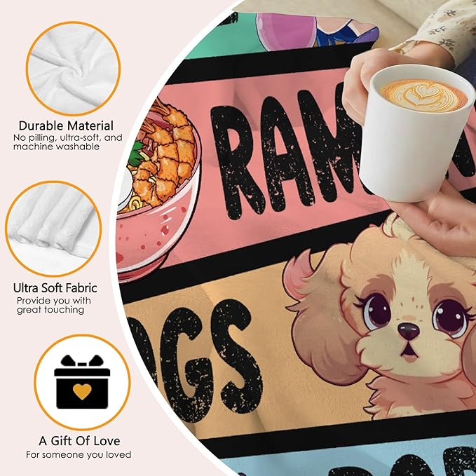 Kawaii Anime Blanket for Girls and Women - Ramen Dogs Boba Flannel Decor - Luxurious Warm and Cozy - M 50X60 Inch for Teen/Travel