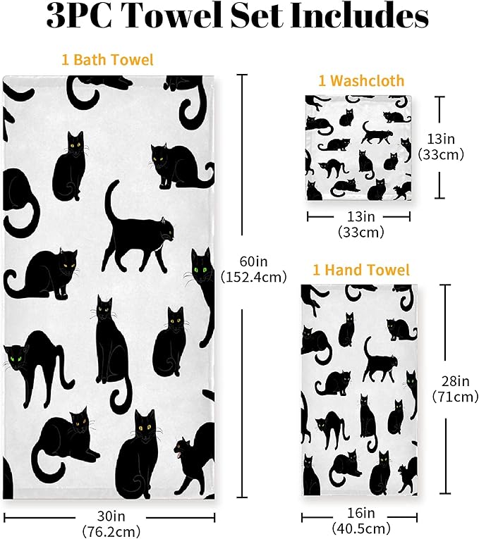 Black Cats 3 Piece Towel Bathroom Sets, 1 Bath Towel, 1 Washcloth, 1 Hand Towel, Cotton Fast Dry Soft Absorbent Towel Set for Home Kitchen Family