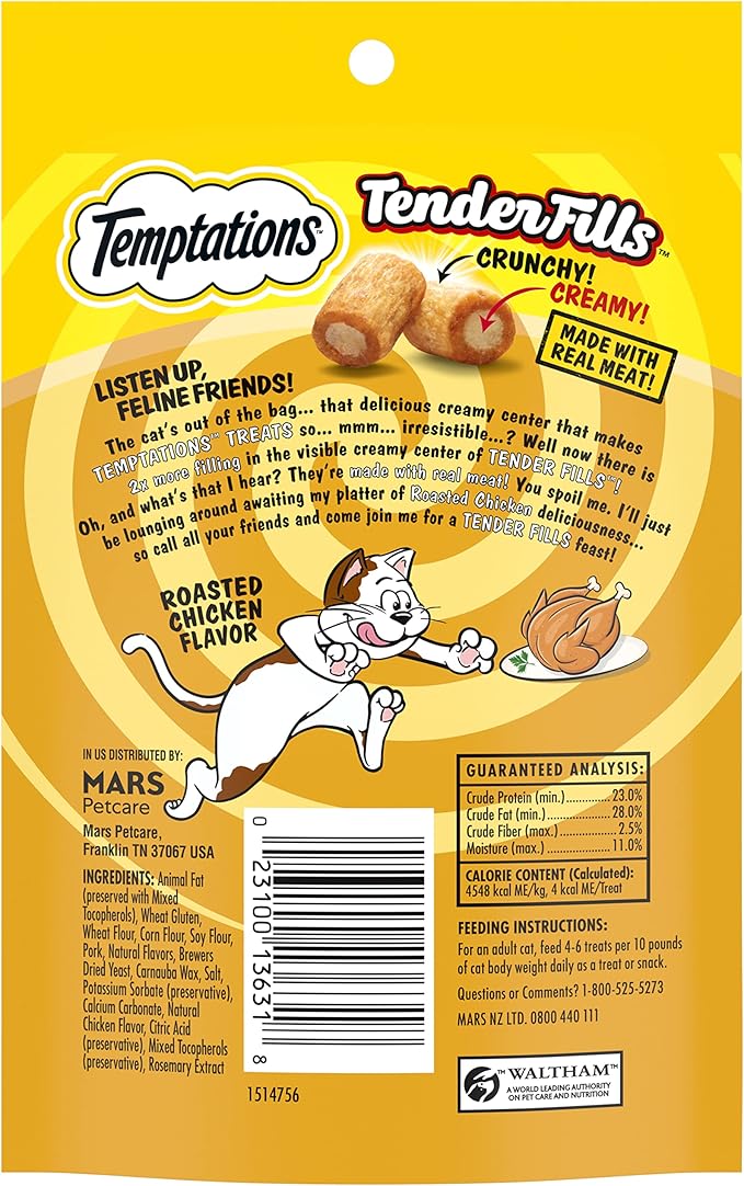 Temptations Tender Fills Roasted Chicken Flavor Crunchy and Soft Adult Cat Treats, 2.1 oz. Pouch (Pack of 12)