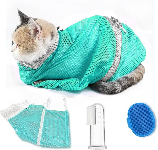 Adjustable Multifunctional Anti-Bite Shower net Bag，Cat Grooming Mesh Bag, Cat Bathing Bag，Cat Bath Brush and Pet Finger Toothbrush (B-Green)