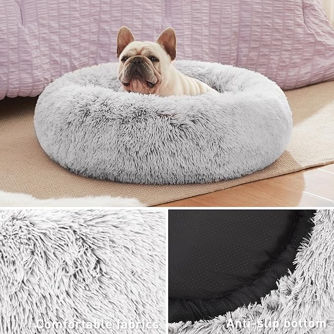 Love's cabin 24in Cat Beds for Indoor Cats - Cat Bed with Machine Washable, Waterproof Bottom - Grey Fluffy Dog and Cat Calming Cushion Bed for Joint-Relief and Sleep Improvement