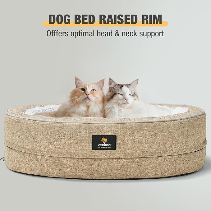 Veehoo Orthopedic Cat Bed for Indoor Cats, Oval Washable Cat Bed with Egg Crate Foam Support, Indoor Donut Puppy Cat Bed Bolster Dog Bed with Removable Cover & Non-Slip Bottom, Beige Coffee