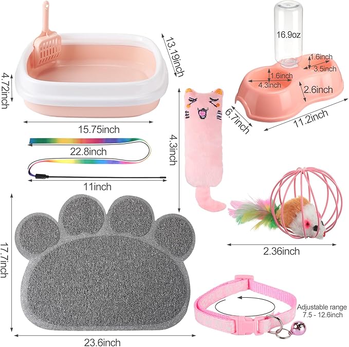 7 Pcs Small Cat Kitten Starter Kit Cat Litter Box with Shovel Cat Paw Litter Mat Double Automatic Cat Bowls Cat Toy Teaser Stick Cat Collar Essentials Kits for 1-3 Lbs Beginner (Light Pink,Stylish)