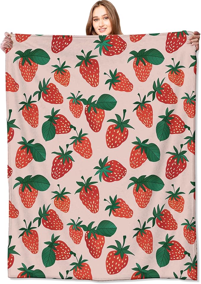 Sweet Strawberry Blanket Green Leaves Throw Blankets Gifts for Girls Women Adults Lightweight Soft Fleece Cozy for Sofa Couch Bed Room Travel Birthday Farmhouse Decor 50x60in