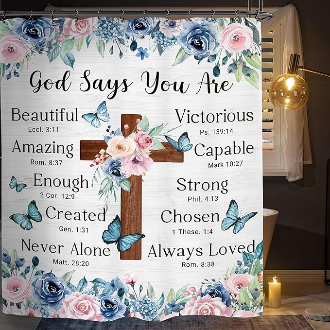 Bible Flower Shower Curtain 60Wx72L Inch Christian Scripture Cross Inspirational Motivational Positive Bathroom Set Accessories Decor with 12 Pack Hooks