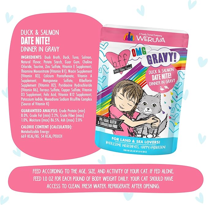 Weruva B.F.F. OMG - Best Feline Friend Oh My Gravy!, Date Nite! with Duck & Salmon in Gravy Cat Food, 2.8oz Pouch (Pack of 12)