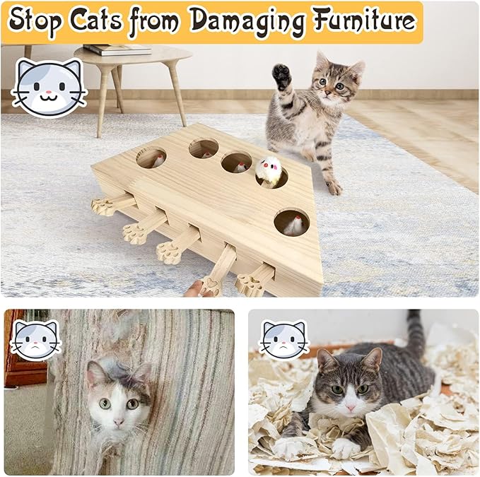 kathson Cat Enrichment Toys for Indoor Cats, Solid Wood Kitten Whack A Mole Interactive Box Catch Mice Game Cat Puzzle Toy for All Ages Cats Kittens Exercise Puzzle Relieve Boredom